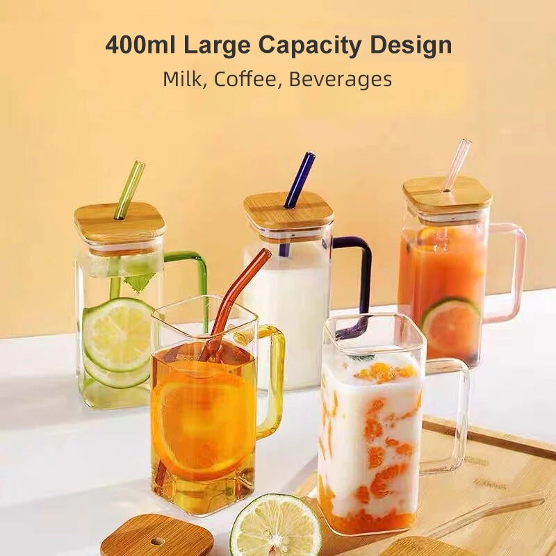 Square Glass Mug With Lid and Straw 400 ml